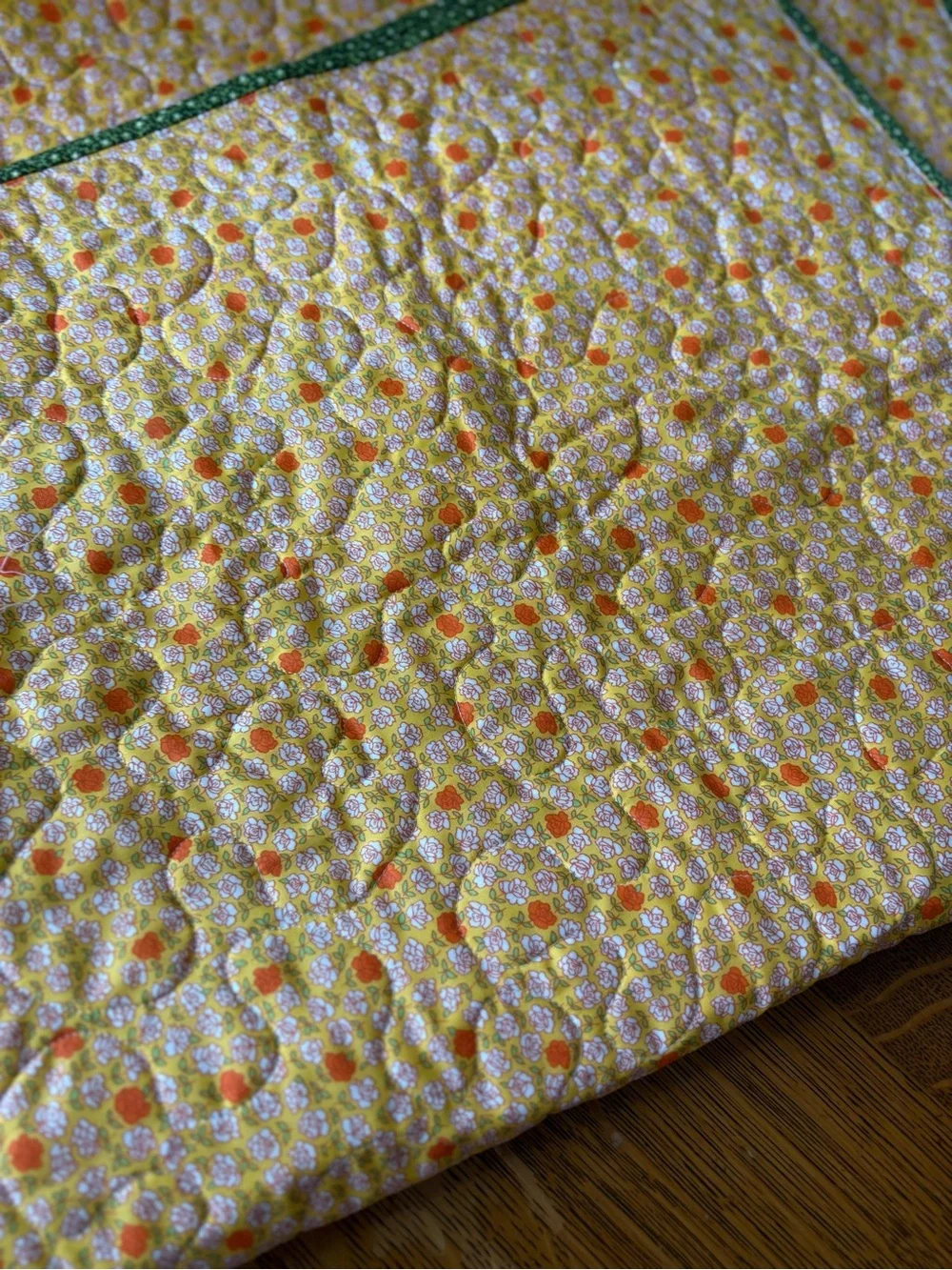 Handmade Yellow Green Patchwork Quilt Orange Floral Vines 36